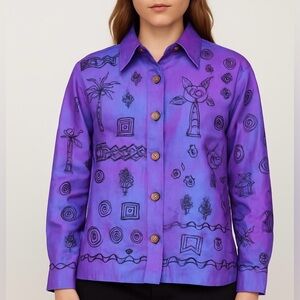 Bleu Bayou Silk Shirt/ Purple/Blue, Button-Up, decorative beads Size Large